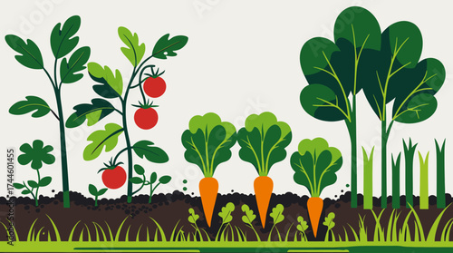 A colorful vector illustration depicts a thriving vegetable garden with ripe tomatoes, carrots, and leafy greens growing in rich soil under a bright sky, perfect for healthy eating promotions.