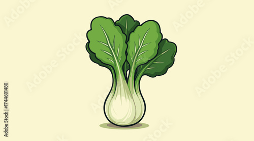 A vibrant, stylized illustration of a fresh bok choy vegetable, isolated on a soft yellow background, perfect for healthy eating and culinary themes.