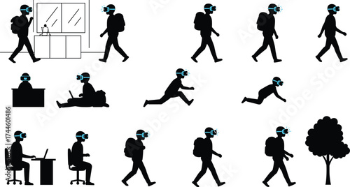 Virtual reality headset silhouettes, people using VR technology indoors and outdoors, immersive digital experience, gaming, business, training 