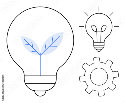 Large lightbulb with plant growth inside, smaller illuminated lightbulb, and a gear. Ideal for innovation, sustainability, creativity, eco-friendly solutions, growth energy and technology. A simple