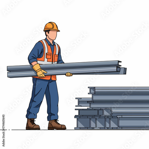 Construction worker carrying steel beams on a white background.