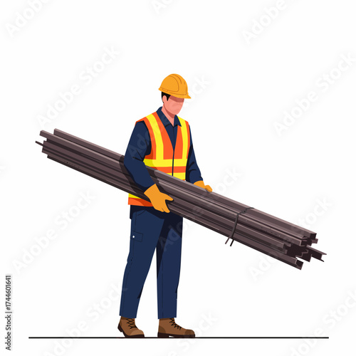 Construction worker carrying steel beams wearing safety gear.
