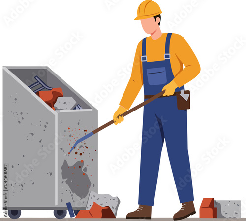 Construction worker clearing debris with a shovel into a bin.