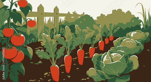 A vibrant, stylized vector illustration depicts a bountiful home garden flourishing with ripe tomatoes, crisp carrots, and fresh cabbage plants under a clear sky.