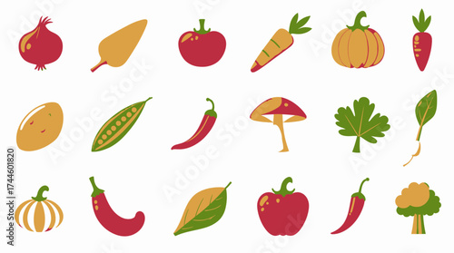 A vibrant collection of fresh, healthy vegetables and garden produce rendered in a clean, modern flat design vector illustration style, isolated for easy use.