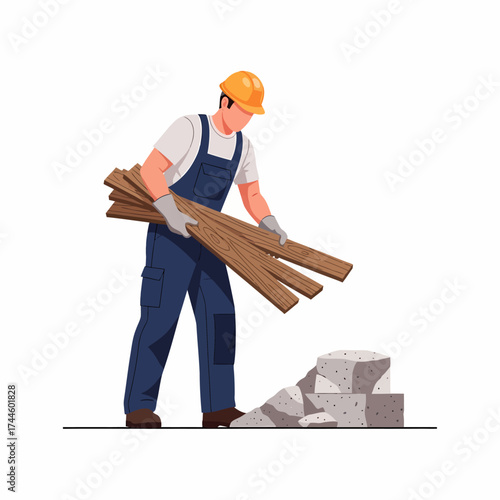 Construction worker in hard hat carrying wooden planks near concrete blocks.