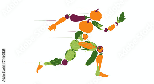 A dynamic illustration of a human figure in motion, creatively assembled from a vibrant assortment of fresh, healthy vegetables on a clean white background.