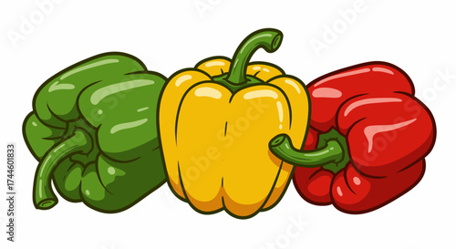 A vibrant vector illustration showcasing three colorful bell peppers, green, yellow, and red, arranged in a row against a clean white background, perfect for culinary projects.