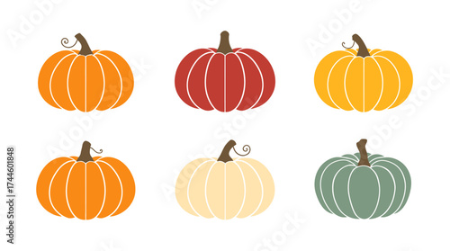 A vibrant vector illustration showcases a colorful assortment of pumpkins, perfect for autumn-themed designs and decorative elements, available in a transparent PNG format.