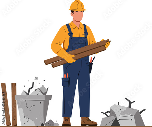 Construction worker in yellow hard hat and blue overalls carrying wooden planks.