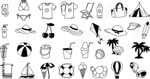 Black and white hand drawn summer vacation icons and symbols beach travel