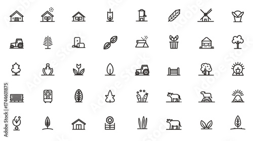 A diverse set of minimalist line art icons depicting various agricultural elements, farming activities, and natural resources, perfect for modern digital design.