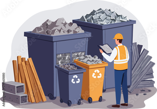 Construction worker inspecting waste bins and materials on site.