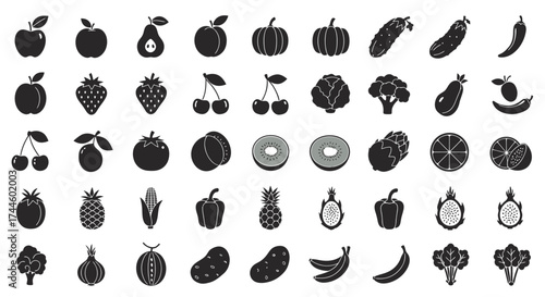 A clean, minimalist vector illustration featuring a diverse assortment of fruits and vegetables arranged in a grid, presented as a transparent PNG file for versatile use in design projects.