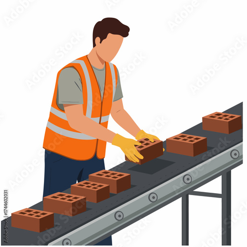 Construction worker placing bricks on a conveyor belt.