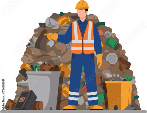 Construction worker pointing at a large pile of debris and waste.