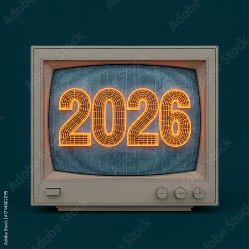 An old television screen displays the glowing year 2026 against a dark background.