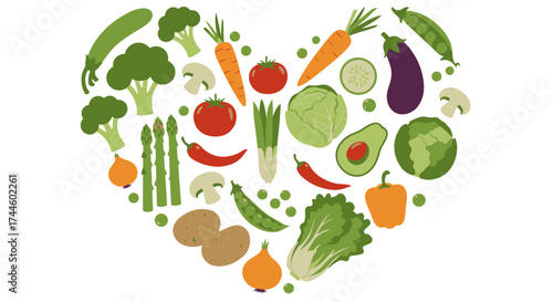 A vibrant vector illustration showcases a heart shape composed of various fresh, colorful vegetables, perfect for promoting healthy eating habits and culinary themes on a white background.