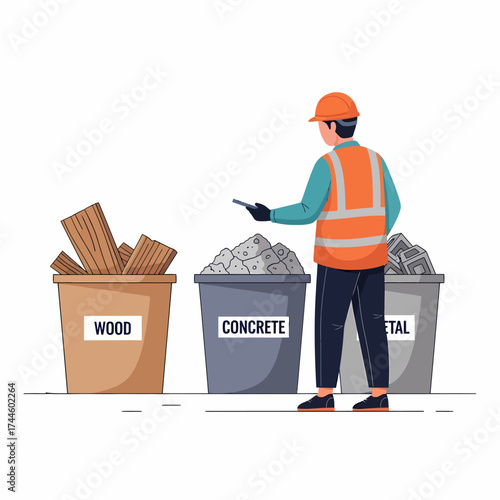 Construction worker sorting waste into wood concrete and metal bins.