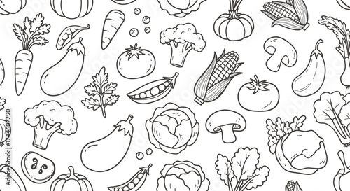A hand-drawn vector illustration showcasing a variety of fresh vegetables in a seamless pattern, perfect for culinary, health, and organic food-related designs, available as a PNG.