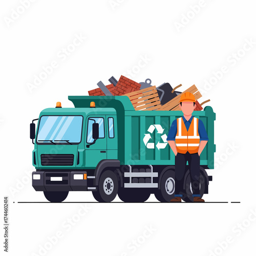Construction worker with debrisfilled truck and recycling symbol.