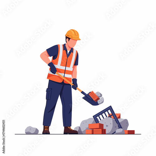 Construction worker with shovel clearing debris and bricks.