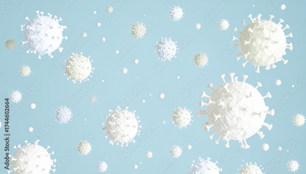 Naklejka premium Microscopic virus particles float on a light blue background