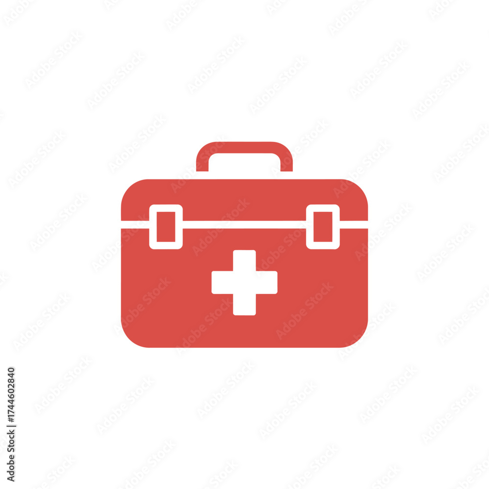 Obraz premium Isolated red first aid kit, medical bag symbol with white cross, transparent background