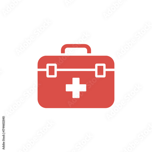 Isolated red first aid kit, medical bag symbol with white cross, transparent background