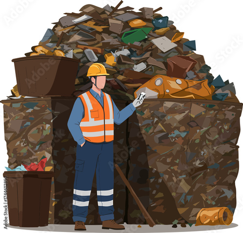 Worker in HighVisibility Vest Inspecting Pile of Scrap Metal and Debris.