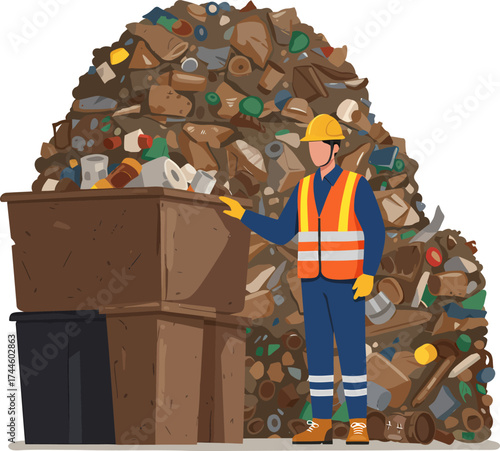Worker in HighVisibility Vest Standing Near Large Pile of Trash and Bins.