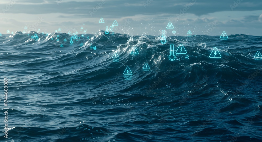 Fototapeta premium World Tsunami Awareness Day. An ocean wave approaching a coastal city, representing disaster prevention, early warning systems, preparedness, and environmental protection against natural disasters.