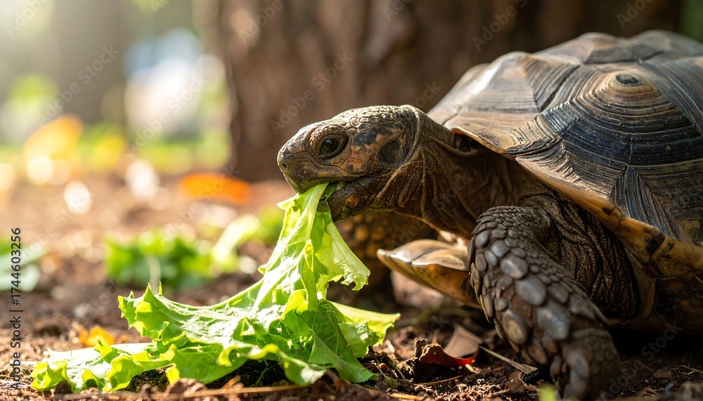 Naklejka premium Tortoise eating greens outdoors