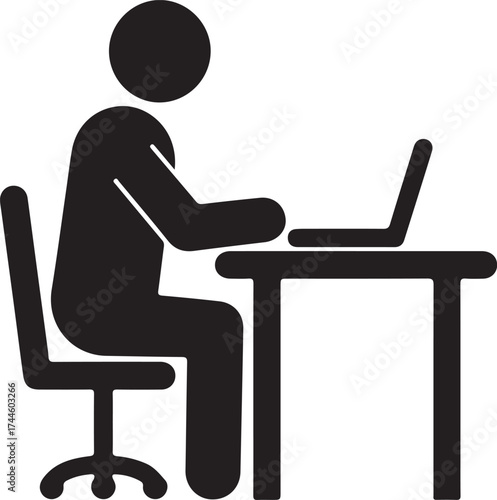 Black silhouette of person sitting at desk using laptop computer white
