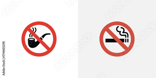 No Smoking and No Tobacco Pipe Prohibition Sign with Red Circle Isolated Icon