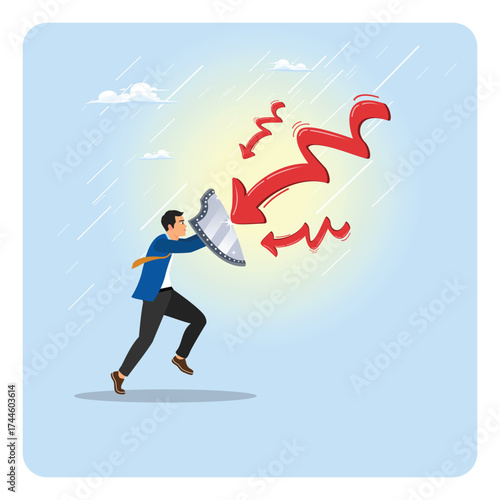 Protect wealth from crisis or bear market loss. Businessman Defending Against Rain and Arrows.