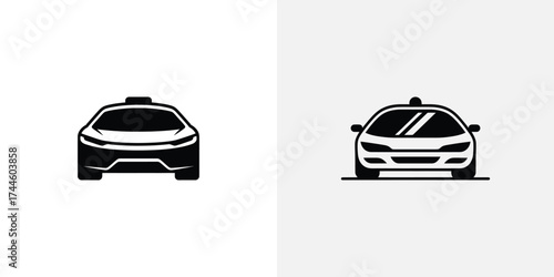 Taxi Cab Silhouette Icons, Automotive Transport Front View on White