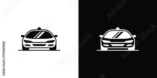 Taxi car front view, minimalistic icon, black and white design on separated background