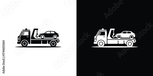 Tow Truck Lifting Car Icon in Black and White, Transporting Vehicle Silhouette