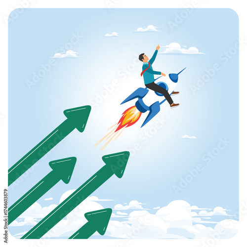 Financial growth concept, businessman riding rocket booster with growth arrow.