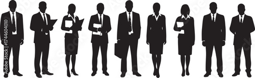 Black silhouettes of business people standing in a row on white background women