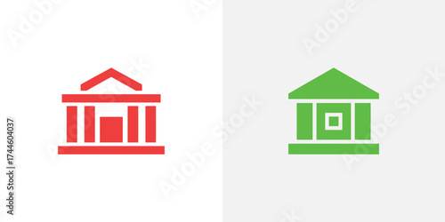 Two Building Icons Red Structure with Columns and Green House Logo Design