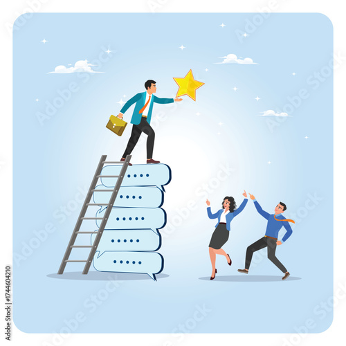 Communication for success. Businessman climb up conversation bubble to reach star.