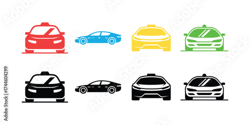Variety Cars Icon Set, Flat Vehicle on White Background, Taxi Cab Transportation