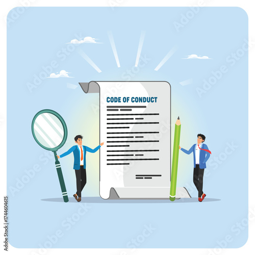 Code of conduct concept. Document With Magnifying Glass And Pencil, Business People Reviewing Policy