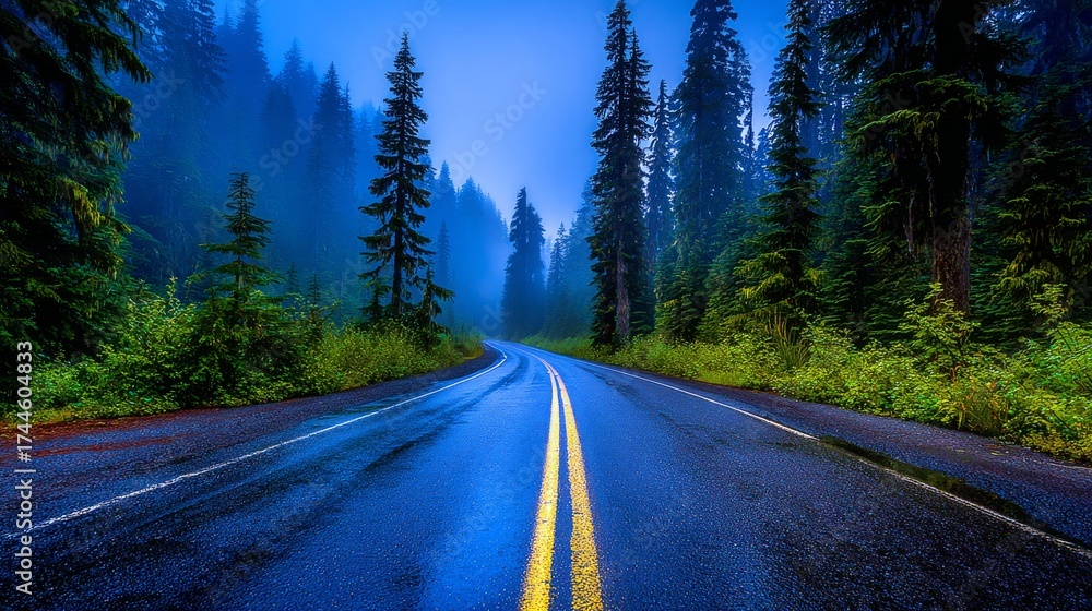 Naklejka premium Quiet foggy road on a dark empty two lane road in a forest near Forks, Washington in the Olympic National Park