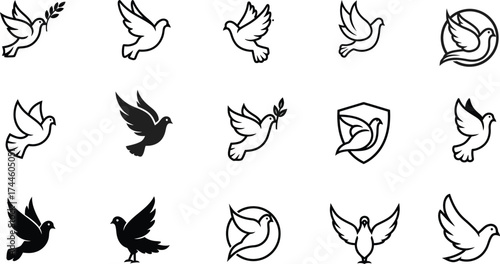 Collection of Dove Logos and Icons for Peace and Freedom Concepts .