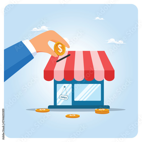 investment to open new shop concept. Hand Placing Coin Into Small Storefront With Open Sign.