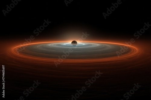 Artistic depiction of a black hole with a glowing orange and blue accretion disk and a dark central sphere silhouetted against deep space.