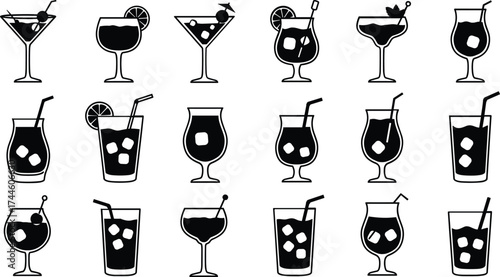 Collection of black and white icons of various cocktails and drinks with ice beverage glass